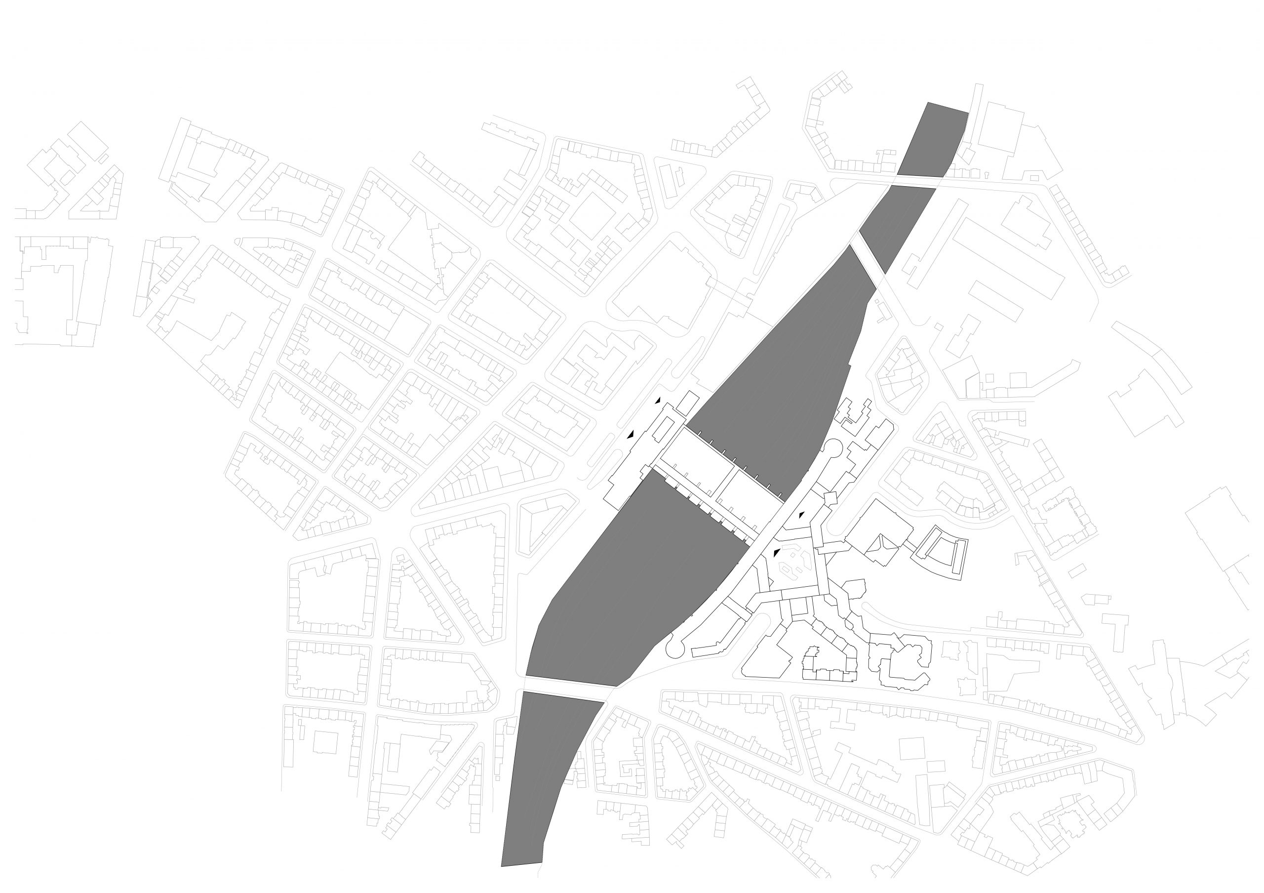 Een plattegrond van de bestaande situatie van Stadsentree Düsseldorf